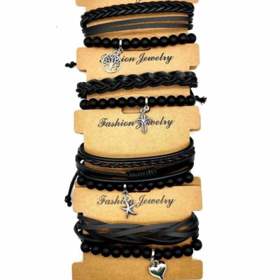 12pk Black Faux Leather Assorted Thread Bracelet