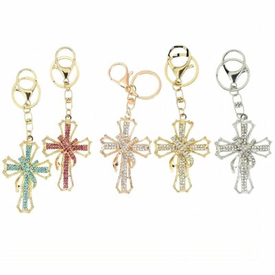 12pk Cross Rhinestone Keychain Bag Charm Multi