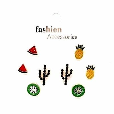 12pk Cactus Pineapple Melon Stud Earrings Set