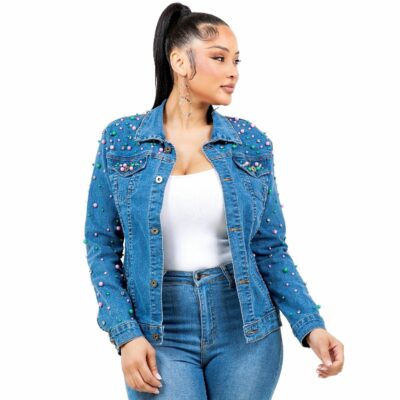 Radiant Pearls Rhinestone Medium Denim Jacket Dark Denim PG