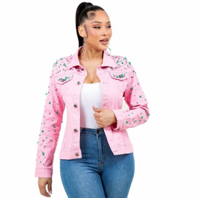 Radiant Pearls Rhinestone Pink Denim Jacket Pink Green