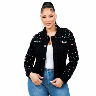 Radiant Pearls Rhinestone Black Denim Jacket Black PG