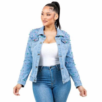 Radiant Pearls Rhinestone Light Denim Jacket Pink Green