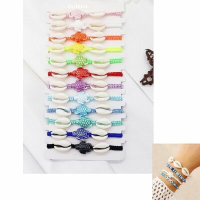 12pk Turtle Clam Adjustable String Knot Bracelet