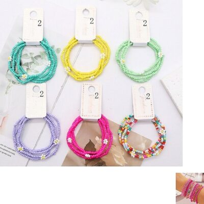 12pk Flower Multi Beads Stretch Bracelet