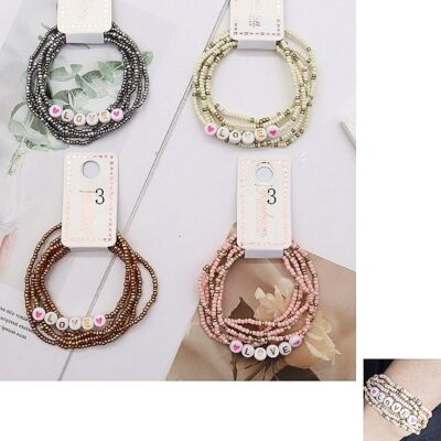 12pk LOVE Heart Beads Stretch Multi Bracelet