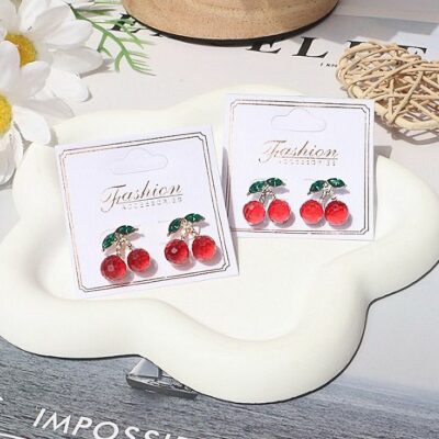 12pk Cherry Rhinestone Stud Earrings