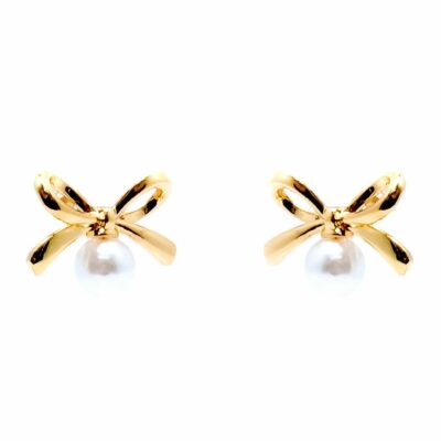 Bow Ribbon w Faux Pearl Stud Earrings