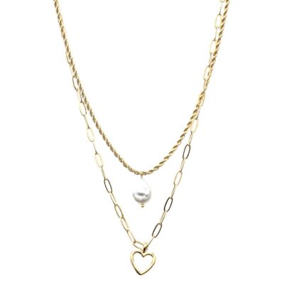 Layered Heart Water Drop Pearl Dangle Chain Necklace
