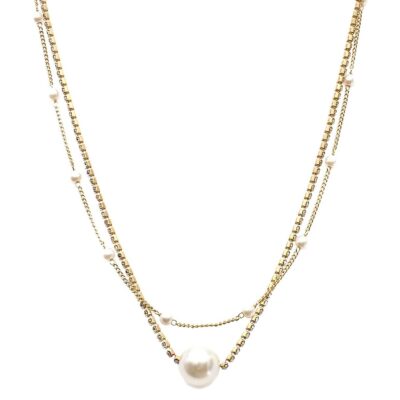 Bold Faux Pearls w Rhinestone Chain Necklace