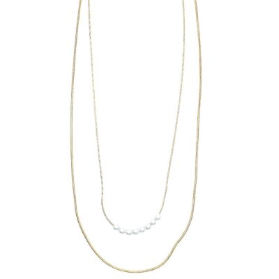Double Layered Chain Pearls Bar Necklace