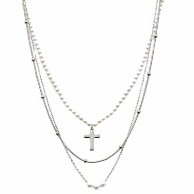 Layered Chain Pearl Line Cross Necklace