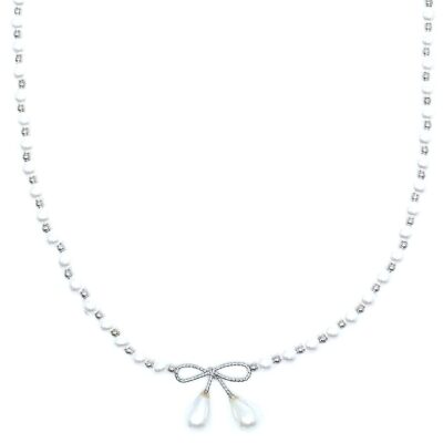 Mini Pearls Ball Chian Bow Pendant Necklace