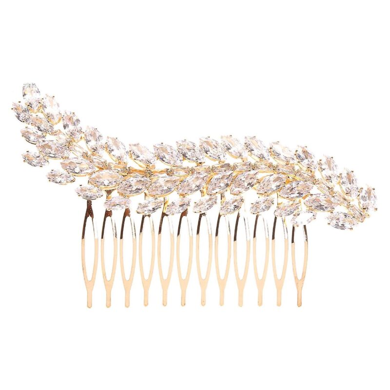 Marquise Oval Leavs Cubic CZ Hair deco Comb – Gold-Clear