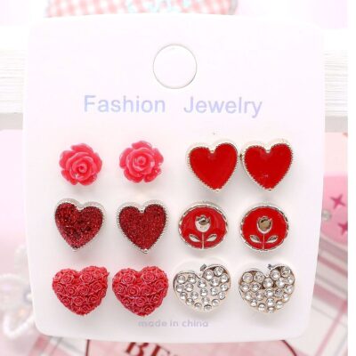 12pk Love Heart Rose Stud Earring Set