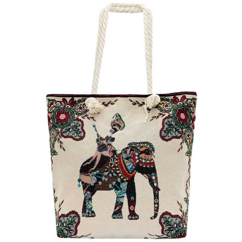 Boho Elephant Canvas Beach Tote Bag with Rope Handles