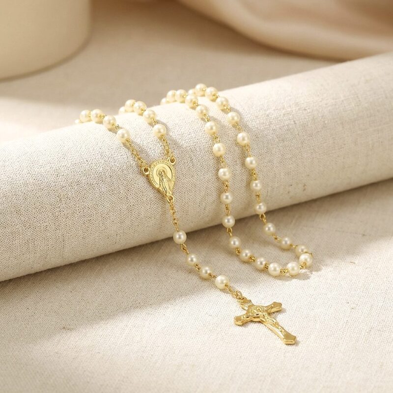 12pk 4MM Pearls Guadalupe Mary Jesus Cross Rosary Gold