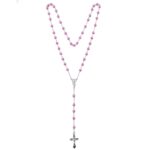 JR631PK 12pk Crystal Pearls Guadalupe Mary Jesus Cross Rosary Pink