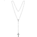 JR631WT 12pk Crystal Pearls Guadalupe Mary Jesus Cross Rosary White