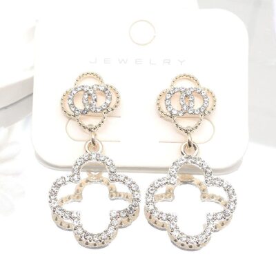 12pk Double Clover Outline Rhinestone Dangle Earrings