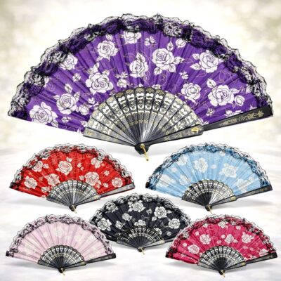 6 Color Assorted Lace Rose Folding Hand Fan – Elegant Lace Floral Fan, Vintage