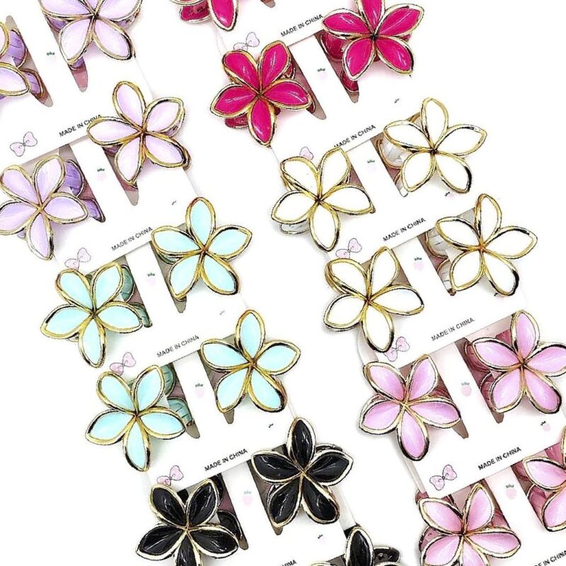 12pk Plumeria Flower Hair Clips Gold Outline Frangipani Floral Barrettes Women