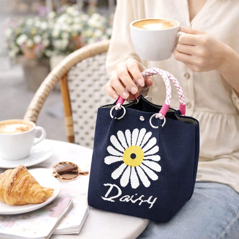 Daisy Knitted Mini Tote Bag – Floral Knit Handbag, Cute Small Summer Purse